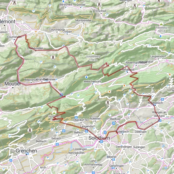Mapa miniatúra "Gravelová cesta cez Brästenberg a Seehof" cyklistická inšpirácia v Espace Mittelland, Switzerland. Vygenerované cyklistickým plánovačom trás Tarmacs.app
