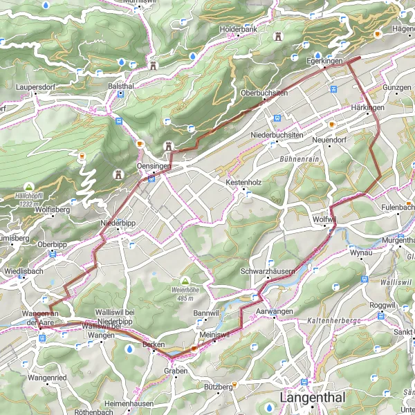 Miniature de la carte de l'inspiration cycliste "Boucle à travers les Collines de l'Aar" dans la Espace Mittelland, Switzerland. Générée par le planificateur d'itinéraire cycliste Tarmacs.app