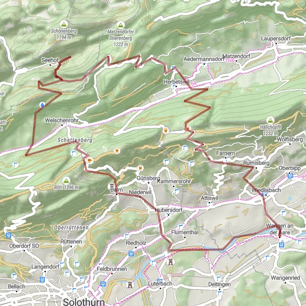 Miniatura della mappa di ispirazione al ciclismo "Giro in bicicletta attraverso le colline intorno a Wangen an der Aare" nella regione di Espace Mittelland, Switzerland. Generata da Tarmacs.app, pianificatore di rotte ciclistiche