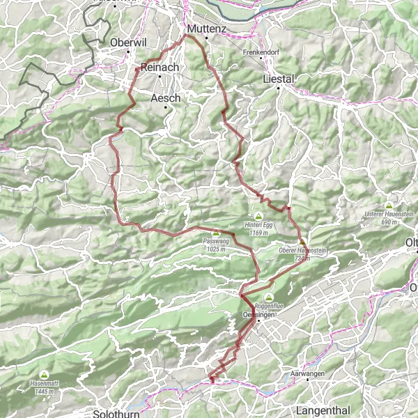 Miniatua del mapa de inspiración ciclista "Ruta de ciclismo de gravilla hacia Langenbruck" en Espace Mittelland, Switzerland. Generado por Tarmacs.app planificador de rutas ciclistas