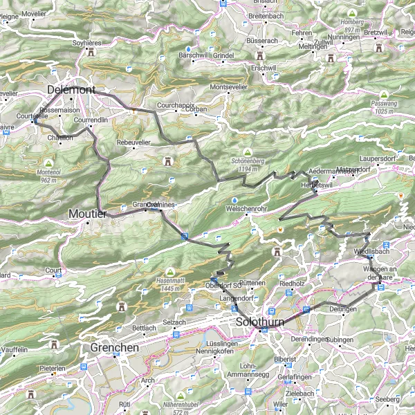 Miniatura della mappa di ispirazione al ciclismo "Itinerario Stradale tra Solothurn e Delémont" nella regione di Espace Mittelland, Switzerland. Generata da Tarmacs.app, pianificatore di rotte ciclistiche