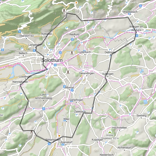 Miniatua del mapa de inspiración ciclista "Ruta de Carretera por Zielebach y Rehhubel" en Espace Mittelland, Switzerland. Generado por Tarmacs.app planificador de rutas ciclistas