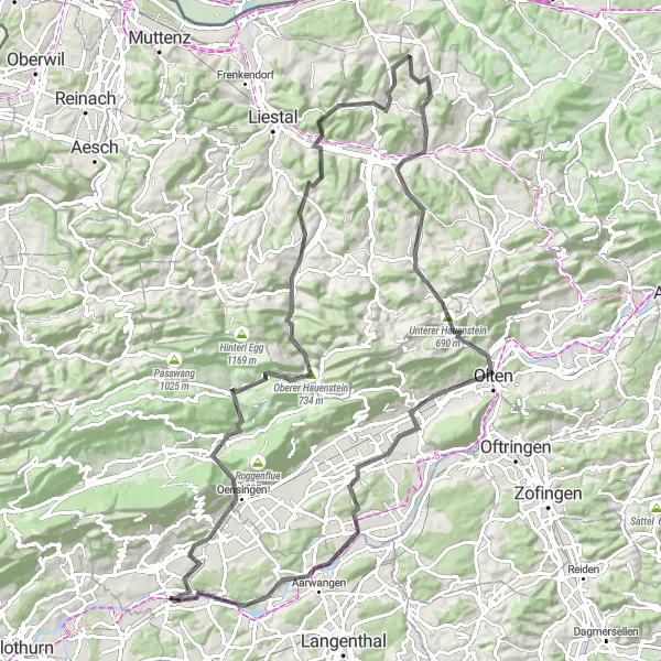 Mapa miniatúra "Jazda z Wangen an der Aare cez Hauenstein a Maisprach" cyklistická inšpirácia v Espace Mittelland, Switzerland. Vygenerované cyklistickým plánovačom trás Tarmacs.app