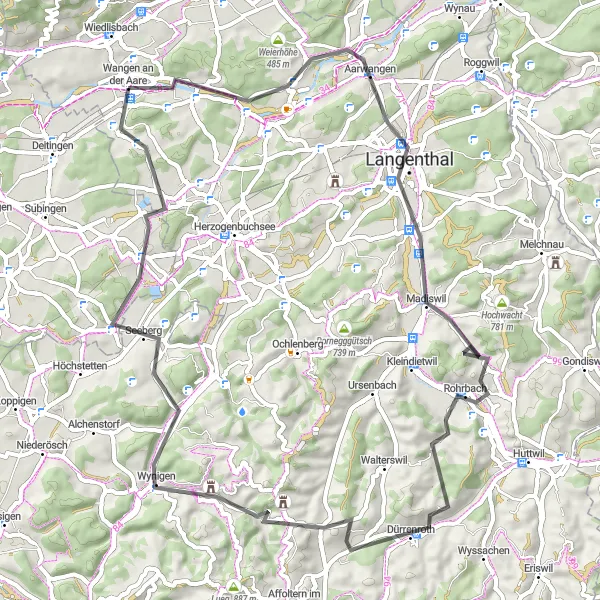Zemljevid v pomanjšavi "Raznolika cestna dogodivščina" kolesarske inspiracije v Espace Mittelland, Switzerland. Generirano z načrtovalcem kolesarskih poti Tarmacs.app