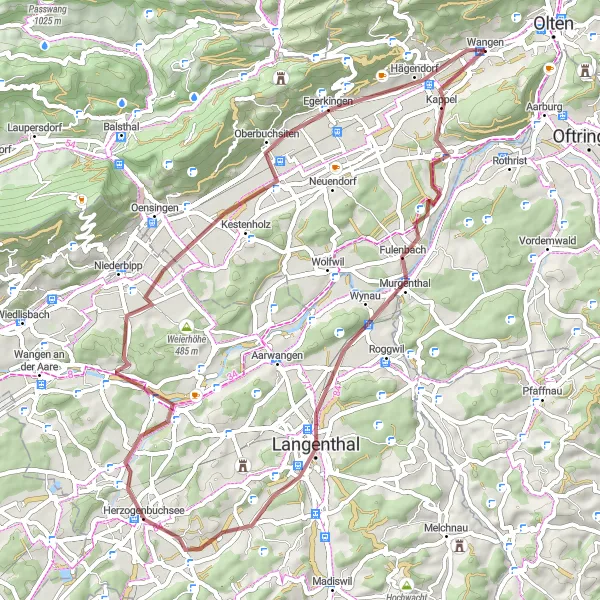 Zemljevid v pomanjšavi "Razgibana pot proti Murgenthalu in Rickenbachu" kolesarske inspiracije v Espace Mittelland, Switzerland. Generirano z načrtovalcem kolesarskih poti Tarmacs.app