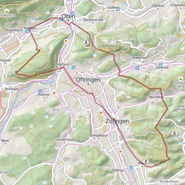 Miniatura mapy "Przejażdżka gravelowa do Festung Aarburg" - trasy rowerowej w Espace Mittelland, Switzerland. Wygenerowane przez planer tras rowerowych Tarmacs.app