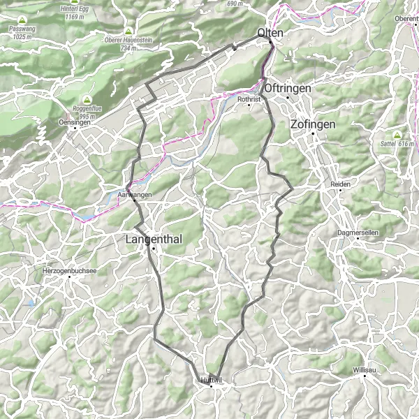 Zemljevid v pomanjšavi "Kolesarska pot skozi Olten" kolesarske inspiracije v Espace Mittelland, Switzerland. Generirano z načrtovalcem kolesarskih poti Tarmacs.app