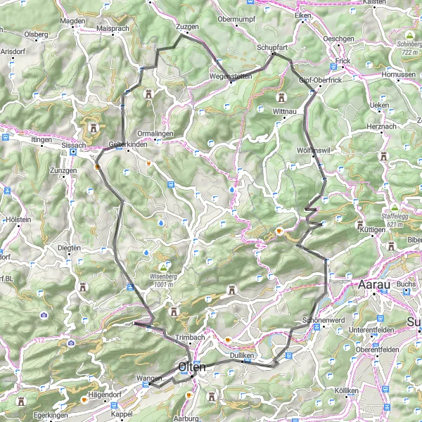 Zemljevid v pomanjšavi "Zabavna kolesarska avantura v bližini Wangna" kolesarske inspiracije v Espace Mittelland, Switzerland. Generirano z načrtovalcem kolesarskih poti Tarmacs.app