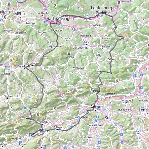 Karttaminiaatyyri "Wangen - Wisenberg - Rheinsberg - Olten" pyöräilyinspiraatiosta alueella Espace Mittelland, Switzerland. Luotu Tarmacs.app pyöräilyreittisuunnittelijalla