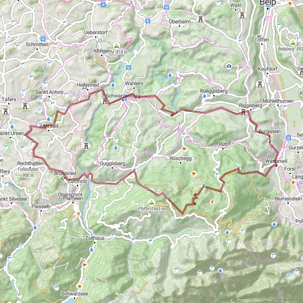 Karttaminiaatyyri "Wattenwil-Reitti" pyöräilyinspiraatiosta alueella Espace Mittelland, Switzerland. Luotu Tarmacs.app pyöräilyreittisuunnittelijalla