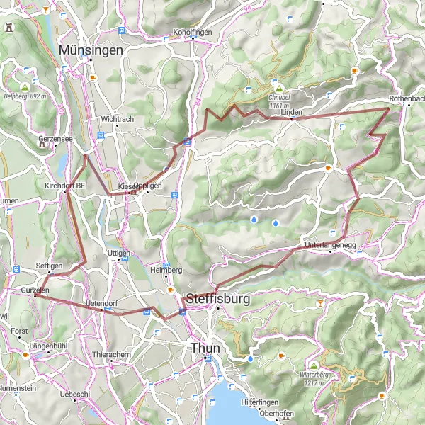 Miniatua del mapa de inspiración ciclista "Ruta de Ciclismo Gravel de 53 km desde Wattenwil" en Espace Mittelland, Switzerland. Generado por Tarmacs.app planificador de rutas ciclistas