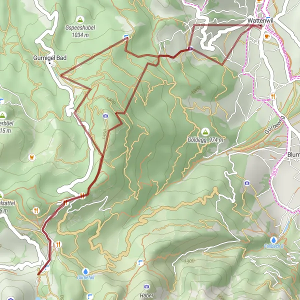 Kartminiatyr av "Opplev Naturopplevelser ved Gurnigelpass" sykkelinspirasjon i Espace Mittelland, Switzerland. Generert av Tarmacs.app sykkelrutoplanlegger