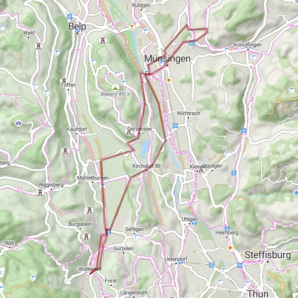 Kartminiatyr av "Kulturell Utforskning av Området rundt Münsingen" sykkelinspirasjon i Espace Mittelland, Switzerland. Generert av Tarmacs.app sykkelrutoplanlegger