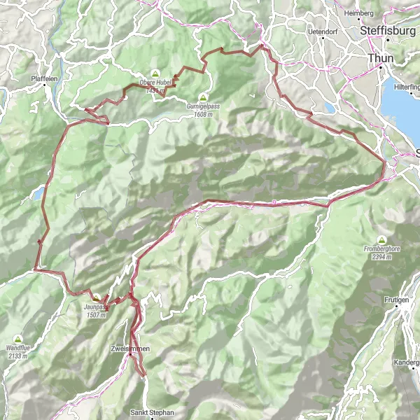 Miniatura della mappa di ispirazione al ciclismo "Tour impegnativo attraverso monti e vallate" nella regione di Espace Mittelland, Switzerland. Generata da Tarmacs.app, pianificatore di rotte ciclistiche