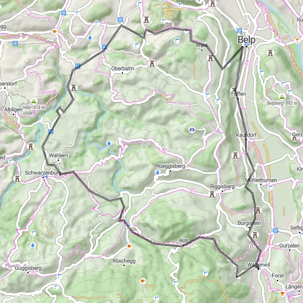 Miniatura della mappa di ispirazione al ciclismo "Giro in bicicletta su strade asfaltate da Wattenwil" nella regione di Espace Mittelland, Switzerland. Generata da Tarmacs.app, pianificatore di rotte ciclistiche