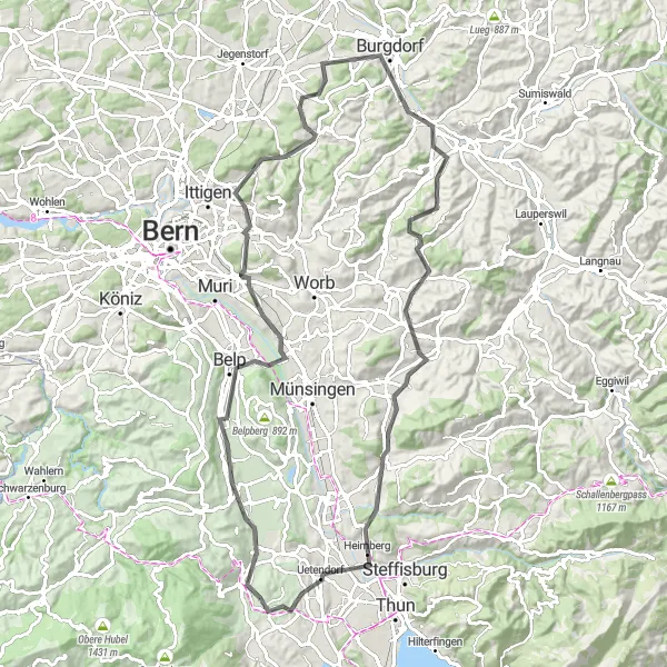 Miniature de la carte de l'inspiration cycliste "Parcours de Wattenwil à Uetendorf" dans la Espace Mittelland, Switzerland. Générée par le planificateur d'itinéraire cycliste Tarmacs.app