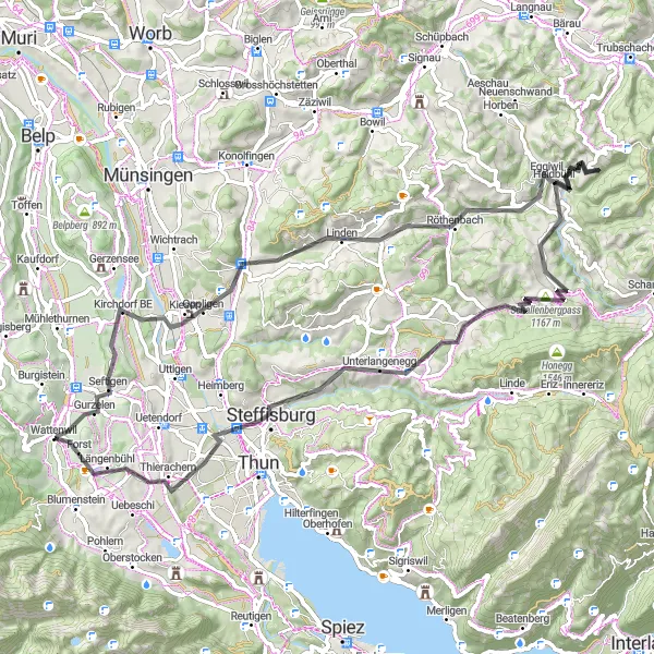 Map miniature of "The Jaberg Road Cycling Challenge" cycling inspiration in Espace Mittelland, Switzerland. Generated by Tarmacs.app cycling route planner
