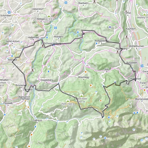 Karten-Miniaturansicht der Radinspiration "Rundfahrt Wattenwil-Gurnigelpass-Zumholz-Chutz-Egg-Rüeggisberg-Burgistein" in Espace Mittelland, Switzerland. Erstellt vom Tarmacs.app-Routenplaner für Radtouren