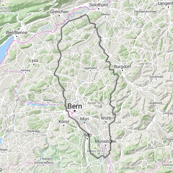Kartminiatyr av "Mellom Wichtrach og Schwendibach" sykkelinspirasjon i Espace Mittelland, Switzerland. Generert av Tarmacs.app sykkelrutoplanlegger
