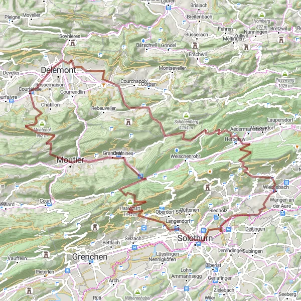 Miniatua del mapa de inspiración ciclista "Ruta de grava por las montañas de Jura" en Espace Mittelland, Switzerland. Generado por Tarmacs.app planificador de rutas ciclistas