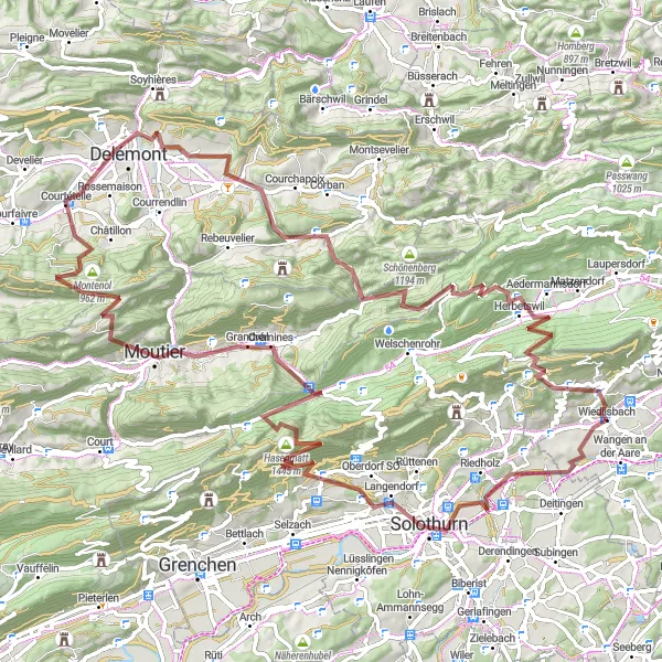 Miniatuurkaart van de fietsinspiratie "Uitdagende Klimtocht naar Delémont" in Espace Mittelland, Switzerland. Gemaakt door de Tarmacs.app fietsrouteplanner