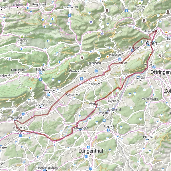 Map miniature of "Explore Gravel Roads Around Wiedlisbach" cycling inspiration in Espace Mittelland, Switzerland. Generated by Tarmacs.app cycling route planner