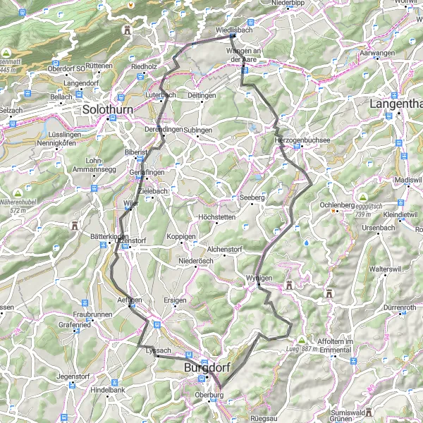 Miniatua del mapa de inspiración ciclista "Ruta escénica en bicicleta desde Niederönz a Brächbüel" en Espace Mittelland, Switzerland. Generado por Tarmacs.app planificador de rutas ciclistas
