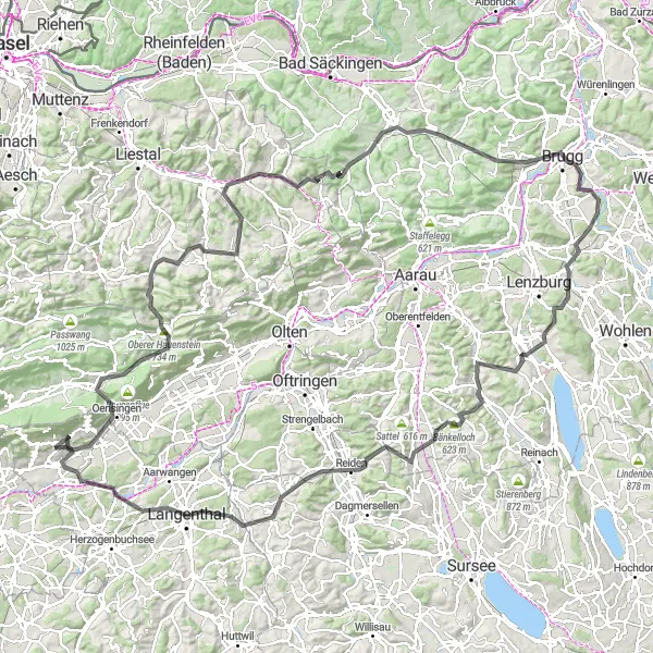 Miniatura della mappa di ispirazione al ciclismo "Ciclovia panoramica da Wiedlisbach" nella regione di Espace Mittelland, Switzerland. Generata da Tarmacs.app, pianificatore di rotte ciclistiche