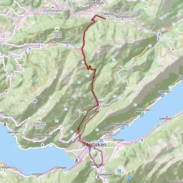 Mapa miniatúra "Gravelový výlet kolem Unterseen" cyklistická inšpirácia v Espace Mittelland, Switzerland. Vygenerované cyklistickým plánovačom trás Tarmacs.app