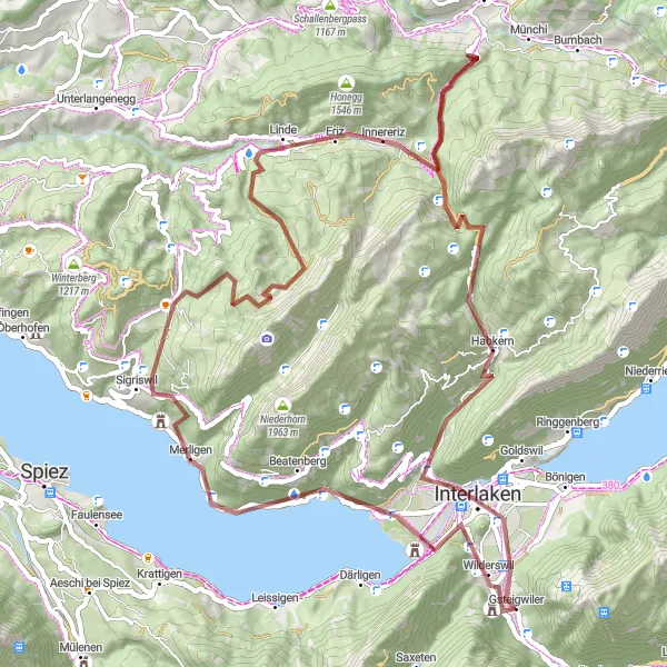 Miniaturní mapa "Gravelová trasa do Eriz a Sigriswil" inspirace pro cyklisty v oblasti Espace Mittelland, Switzerland. Vytvořeno pomocí plánovače tras Tarmacs.app