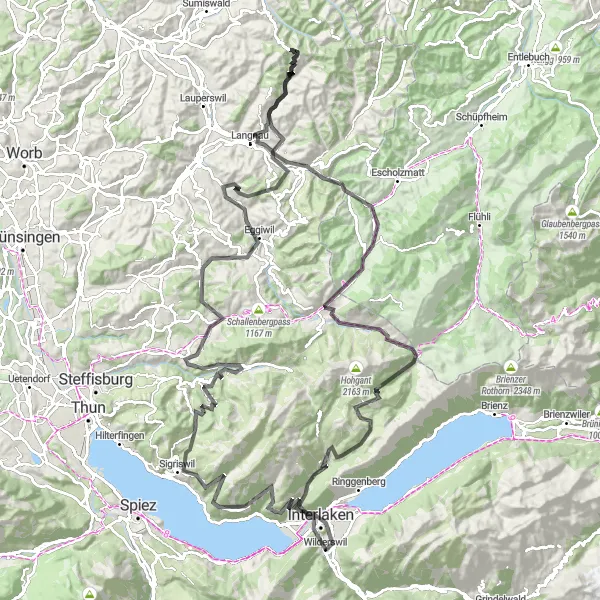Kartminiatyr av "Utforske de sveitsiske Alpene" sykkelinspirasjon i Espace Mittelland, Switzerland. Generert av Tarmacs.app sykkelrutoplanlegger