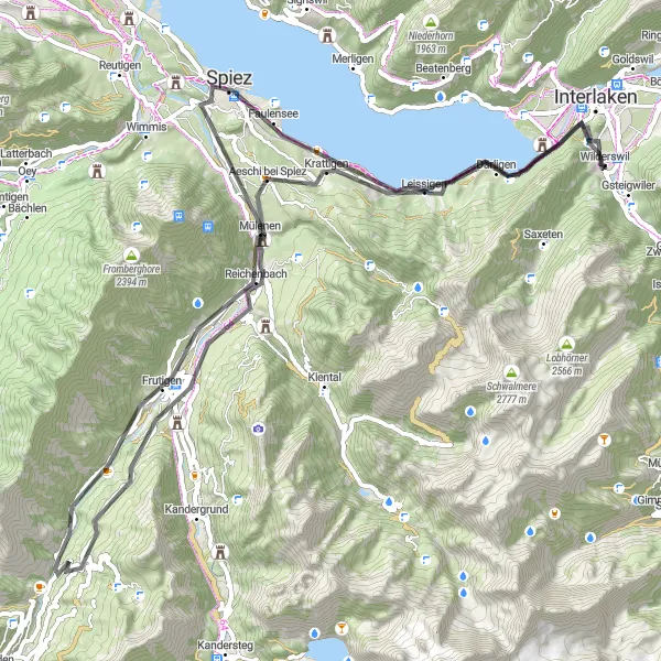 Mapa miniatúra "Cesta cez Frutigen a Leissigen" cyklistická inšpirácia v Espace Mittelland, Switzerland. Vygenerované cyklistickým plánovačom trás Tarmacs.app