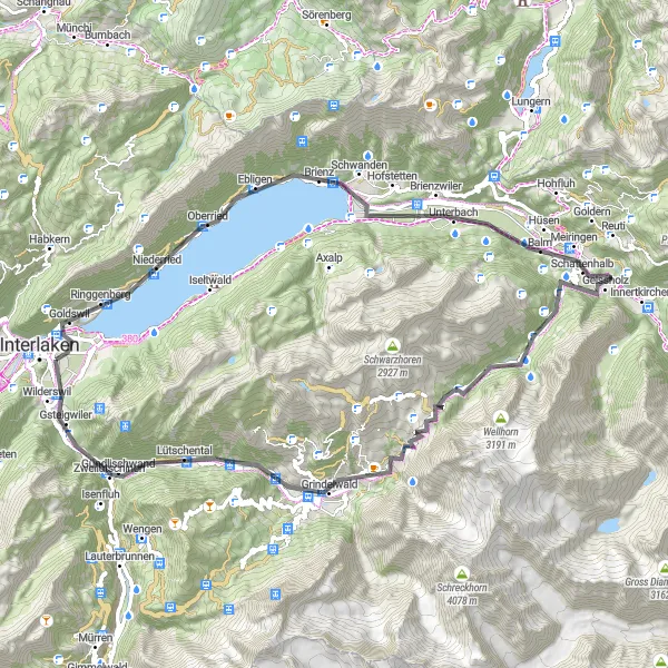 Zemljevid v pomanjšavi "Raznolika cestna avantura okoli Wilderswila" kolesarske inspiracije v Espace Mittelland, Switzerland. Generirano z načrtovalcem kolesarskih poti Tarmacs.app