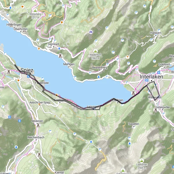 Karttaminiaatyyri "Thun-Interlaken Loop" pyöräilyinspiraatiosta alueella Espace Mittelland, Switzerland. Luotu Tarmacs.app pyöräilyreittisuunnittelijalla