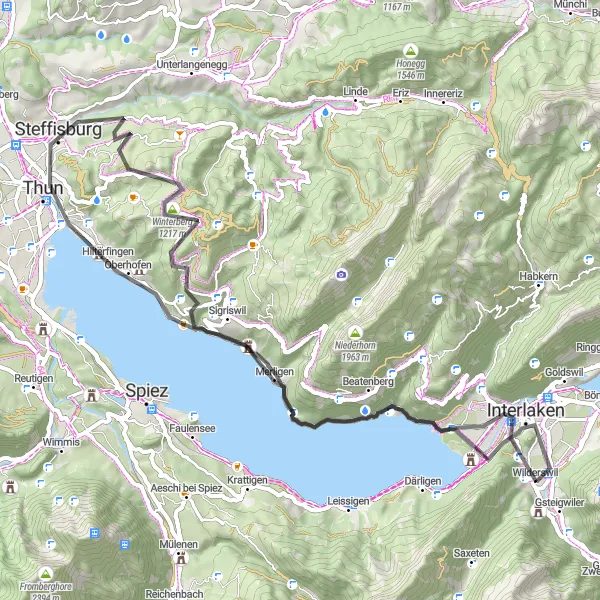 Miniatura della mappa di ispirazione al ciclismo "Giro in bicicletta da Wilderswil a Interlaken" nella regione di Espace Mittelland, Switzerland. Generata da Tarmacs.app, pianificatore di rotte ciclistiche