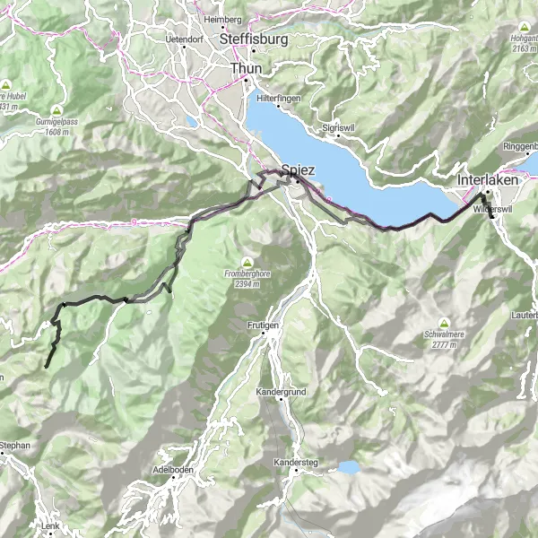 Mapa miniatúra "Cyklotrasa cez Wimmis a Schwarzeberg" cyklistická inšpirácia v Espace Mittelland, Switzerland. Vygenerované cyklistickým plánovačom trás Tarmacs.app