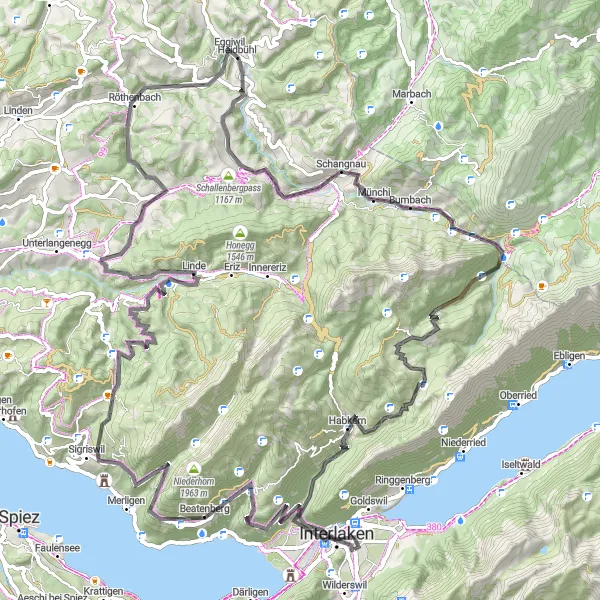 Mapa miniatúra "Scenic cesta cez Sigriswil a Eggiwil" cyklistická inšpirácia v Espace Mittelland, Switzerland. Vygenerované cyklistickým plánovačom trás Tarmacs.app