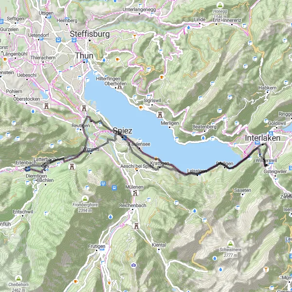 Mapa miniatúra "Cyklistická trasa cez Spiez a Interlaken" cyklistická inšpirácia v Espace Mittelland, Switzerland. Vygenerované cyklistickým plánovačom trás Tarmacs.app