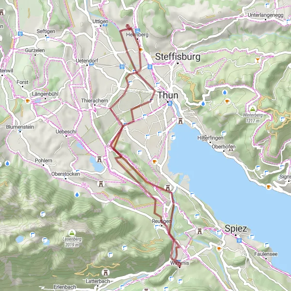 Karten-Miniaturansicht der Radinspiration "Gravelabenteuer um Thun" in Espace Mittelland, Switzerland. Erstellt vom Tarmacs.app-Routenplaner für Radtouren