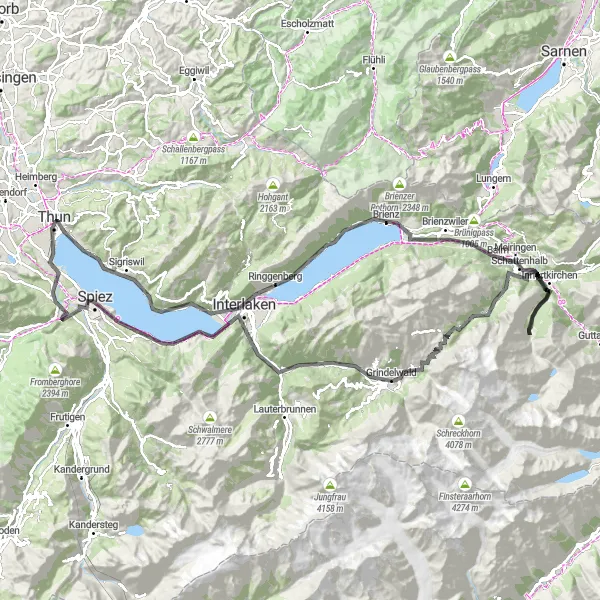 Zemljevid v pomanjšavi "Alpska avantura okoli Thuna" kolesarske inspiracije v Espace Mittelland, Switzerland. Generirano z načrtovalcem kolesarskih poti Tarmacs.app