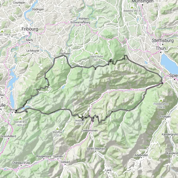 Miniatura della mappa di ispirazione al ciclismo "Giro ciclistico panoramico da Wimmis a Jaunpass" nella regione di Espace Mittelland, Switzerland. Generata da Tarmacs.app, pianificatore di rotte ciclistiche