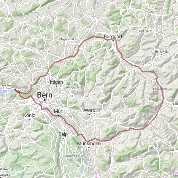 Miniatua del mapa de inspiración ciclista "Recorrido en bicicleta por caminos de grava: Gschuntnehubel-Bremgarten-Rohrmishubel-Rüderswil-Konolfingen-Muri-Viewpoint" en Espace Mittelland, Switzerland. Generado por Tarmacs.app planificador de rutas ciclistas