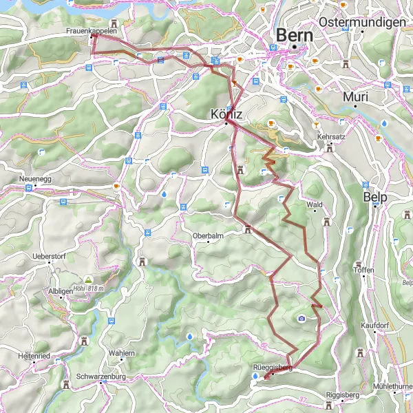 Map miniature of "Gravel Ride to Köniz and Rüeggisberg" cycling inspiration in Espace Mittelland, Switzerland. Generated by Tarmacs.app cycling route planner