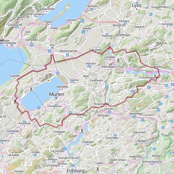 Miniatua del mapa de inspiración ciclista "Ruta de grava a Cressier FR" en Espace Mittelland, Switzerland. Generado por Tarmacs.app planificador de rutas ciclistas