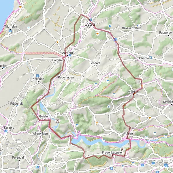 Miniatura della mappa di ispirazione al ciclismo "Percorso panoramico tra Lyss e Wohlen" nella regione di Espace Mittelland, Switzerland. Generata da Tarmacs.app, pianificatore di rotte ciclistiche