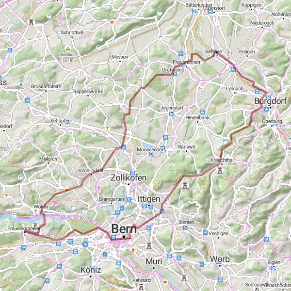 Mapa miniatúra "Gravel okruh cez Münchenbuchsee a Bern" cyklistická inšpirácia v Espace Mittelland, Switzerland. Vygenerované cyklistickým plánovačom trás Tarmacs.app