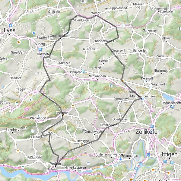 Miniatura della mappa di ispirazione al ciclismo "Road Tour Meikirch - Wohlen" nella regione di Espace Mittelland, Switzerland. Generata da Tarmacs.app, pianificatore di rotte ciclistiche