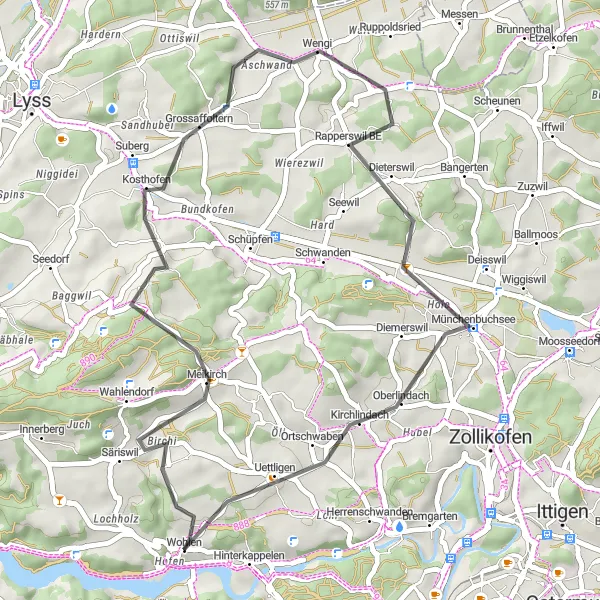 Miniatua del mapa de inspiración ciclista "Ruta en carretera a Rapperswil BE" en Espace Mittelland, Switzerland. Generado por Tarmacs.app planificador de rutas ciclistas