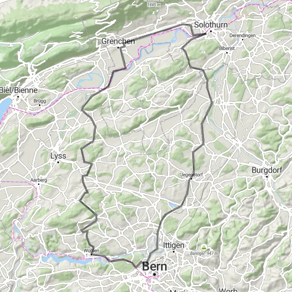 Miniatua del mapa de inspiración ciclista "Ruta escénica en carretera: Grossaffoltern-Schlosshubel-Grenchen-Bellach-Hunnenberg-Altisberg-Fraubrunnen-Zollikofen-Gschuntnehubel" en Espace Mittelland, Switzerland. Generado por Tarmacs.app planificador de rutas ciclistas
