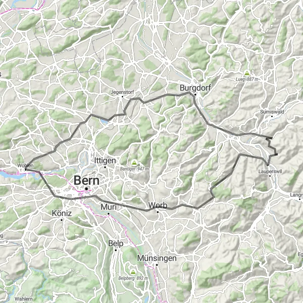 Miniatua del mapa de inspiración ciclista "Ruta en carretera a Bern" en Espace Mittelland, Switzerland. Generado por Tarmacs.app planificador de rutas ciclistas